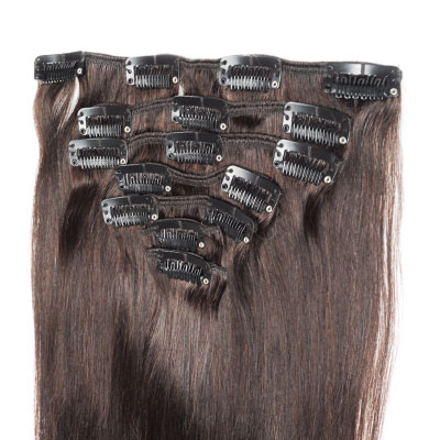 Zwart Bevestigen aan huurder Clip in hair extensions van human hair 60 cm en 200 gram.